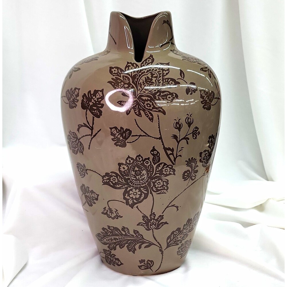 Taupe & Brown Ceramic Bottle Flower Vase Floral Pattern 14in Glossy